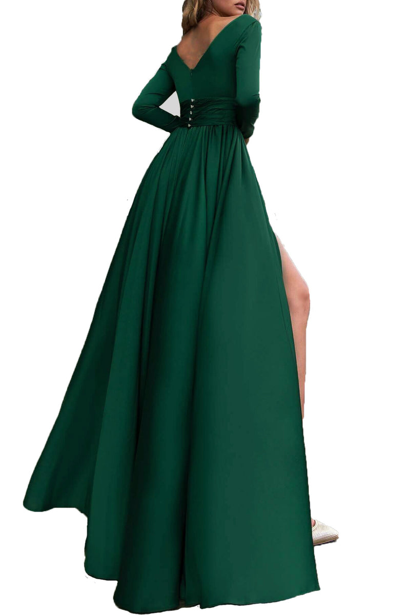 Elegant V Neck  Dark Green Flowing Long Prom Dresses with Sleeves PL2140