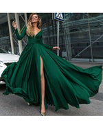 Elegant V Neck  Dark Green Flowing Long Prom Dresses with Sleeves PL2140