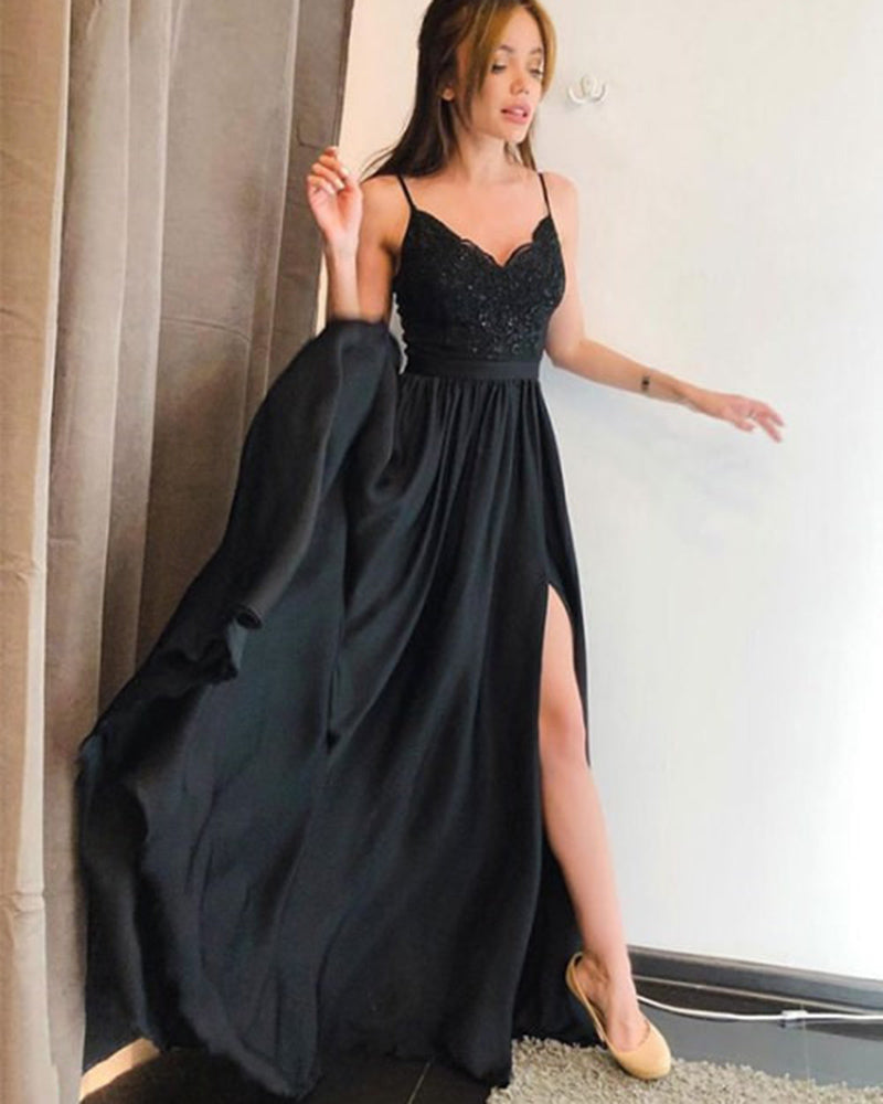 Black Lace Prom Gown Long Party Dresses with Straps PL3216 – Siaoryne Black Lace Prom Gown Long Party Dresses with Straps PL3216 – Siaoryne