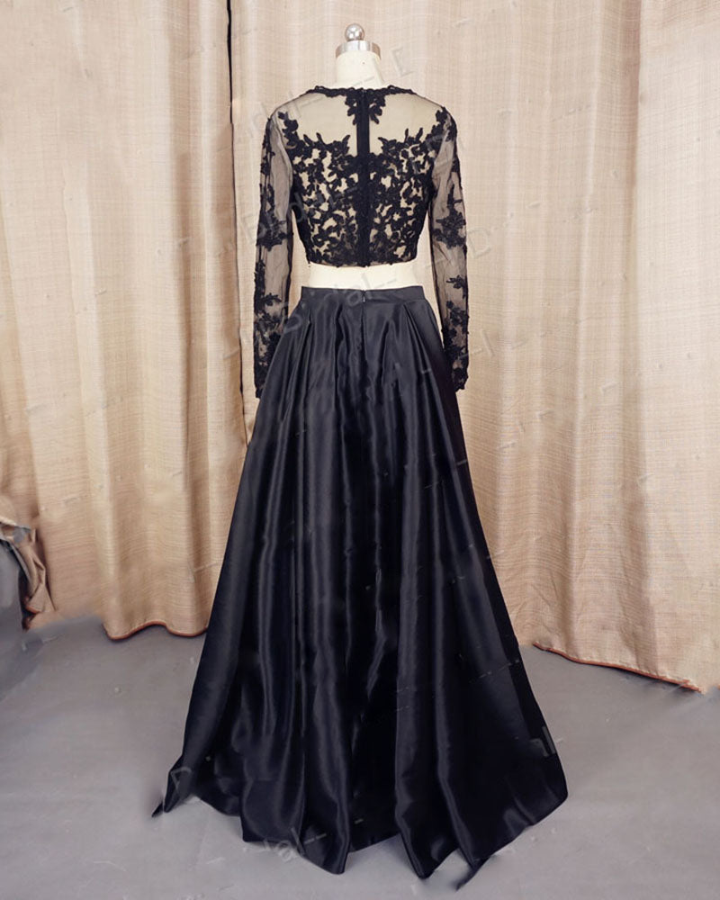 Girls Long Senior Graduation Black Prom Dresses Crop Top with Sleeves PL874