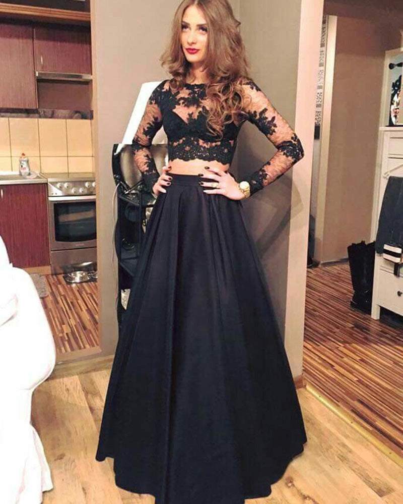 Girls Long Senior Graduation Black Prom Dresses Crop Top with Sleeves PL874