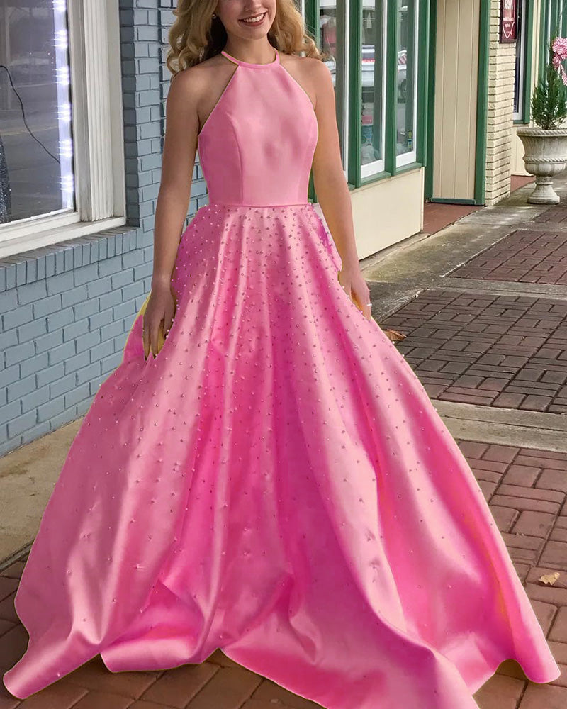 Girls Long Graduation Gown Halter yellow Prom Dress with Pearl Yellow/Pink/Blue PL8877