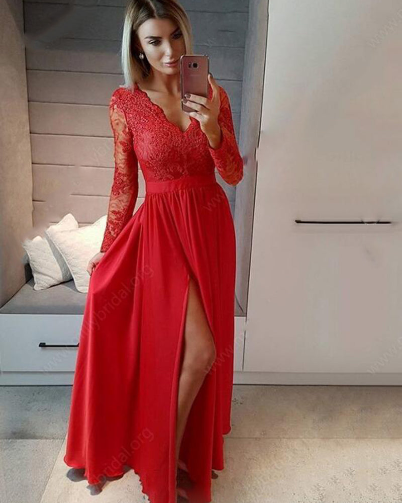 Multi Color Vintage Long Sleeved lace  Chiffon formal Prom Dress Floor Legnth Graduation Dress with Slit PL10275