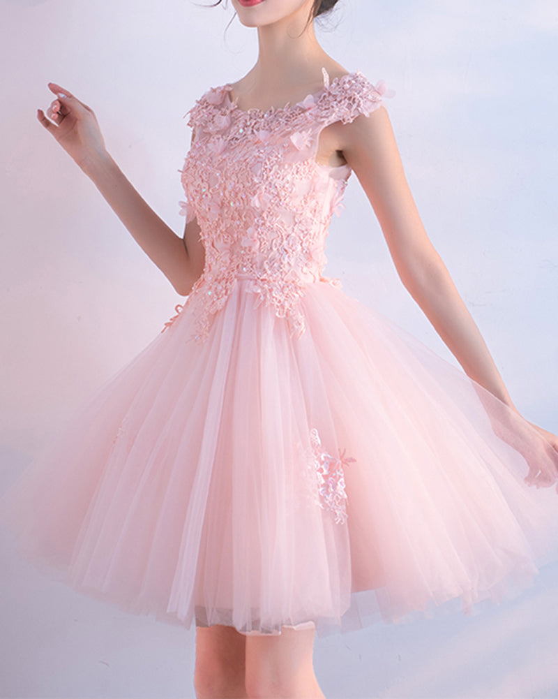 Cap Sleeves Pink Short Lace Cocktail Dress Short Homecoming Dress for Teens 8th Grade ,Semi Formal Dress SP0625