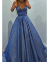 Shiny Blue Sexy V Neck Formal Evening Long Prom Party Dress with Spaghetti Straps LP10107