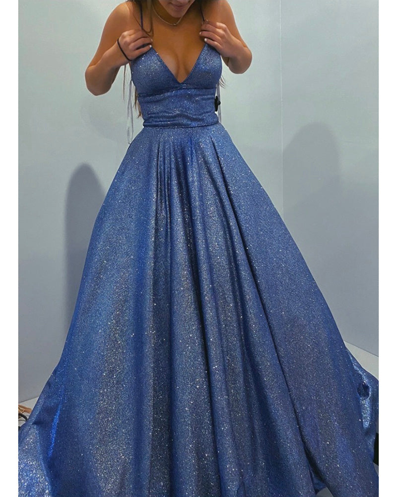 Shiny Blue Sexy V Neck Formal Evening Long Prom Party Dress with Spaghetti Straps LP10107