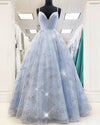 Ball Gown Sweet16 Party Gowns V Neck Spaghetti Straps Light Blue Sequin Prom Dress PL2929