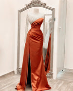 See Though Long Sleeves Beading Mermaid Satin Orange Long Formal Dress