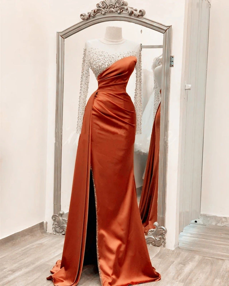 See Though Long Sleeves Beading Mermaid Satin Orange Long Formal Dress
