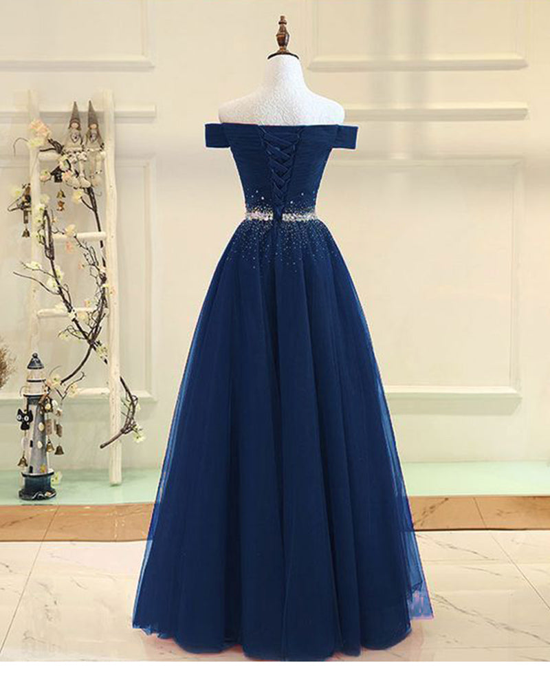 Elegant Long Prom Dresses with Sparkle Crystal Belt Off the Shoulder Wine Red/Navy Blue PL6634