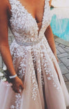 Gorgeous Girls Iovry /Blush Lace Senior Prom Dress 2021 V Neck Long Formal Graduation Party Gown with Beading Belt PL01124