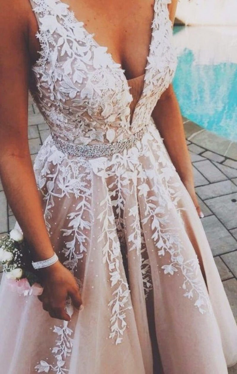 Gorgeous Girls Iovry /Blush Lace Senior Prom Dress 2021 V Neck Long Formal Graduation Party Gown with Beading Belt PL01124