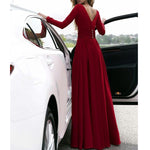 Long Sleeves Red/Burgundy Dress Chiffon Sexy Deep V Neck Women Formal Evening Dress