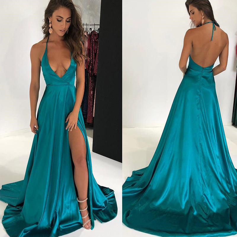 Turquoise Sexy Spaghetti Deep V Neck Long Evening Party Dresses Women Satin Slit Leg Prom Gown vestido de noche