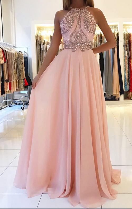 Dramatic Grey Halter Chiffon Long Prom Dresses with Beading Senior Homecoming Formal Dress for Girls