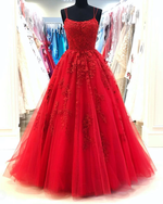 Amazing Spaghetti Straps Red Lace Prom Dresses Long Tulle Formal Party Gown PL0623