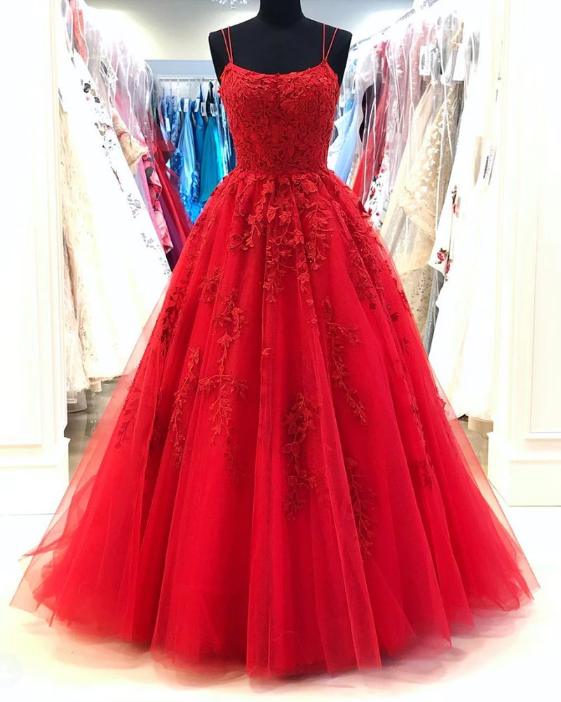 Amazing Spaghetti Straps Red Lace Prom Dresses Long Tulle Formal Party Gown PL0623