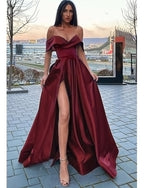 Elegant A Line Satin Off the Shoulder Royal Blue Long Women Formal Prom Dresses Party Gown with  Slit  PL10128