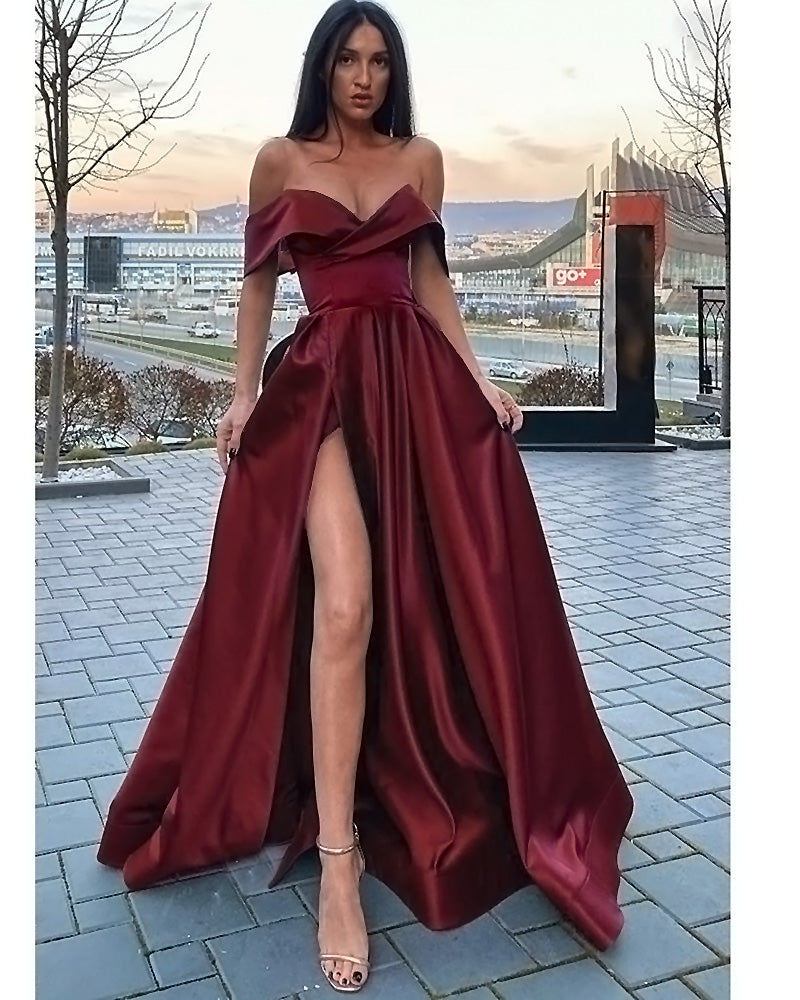 Elegant A Line Satin Off the Shoulder Royal Blue Long Women Formal Prom Dresses Party Gown with  Slit  PL10128
