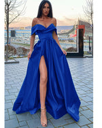Elegant A Line Satin Off the Shoulder Royal Blue Long Women Formal Prom Dresses Party Gown with  Slit  PL10128