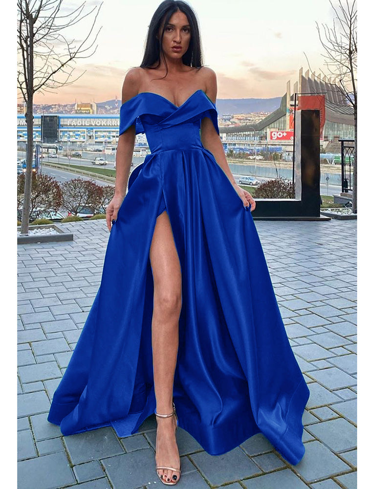 Elegant A Line Satin Off the Shoulder Royal Blue Long Women Formal Prom Dresses Party Gown with  Slit  PL10128
