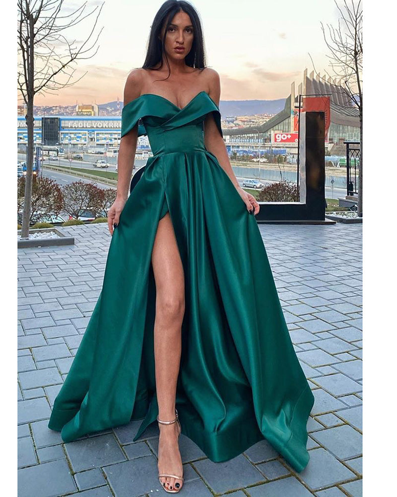 Elegant A-Line Off-the-shoulder Dress With Slit Slate Blue