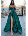 Elegant A Line Satin Off the Shoulder Royal Blue Long Women Formal Prom Dresses Party Gown with  Slit  PL10128