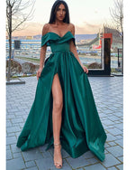 Elegant A Line Satin Off the Shoulder Royal Blue Long Women Formal Prom Dresses Party Gown with  Slit  PL10128