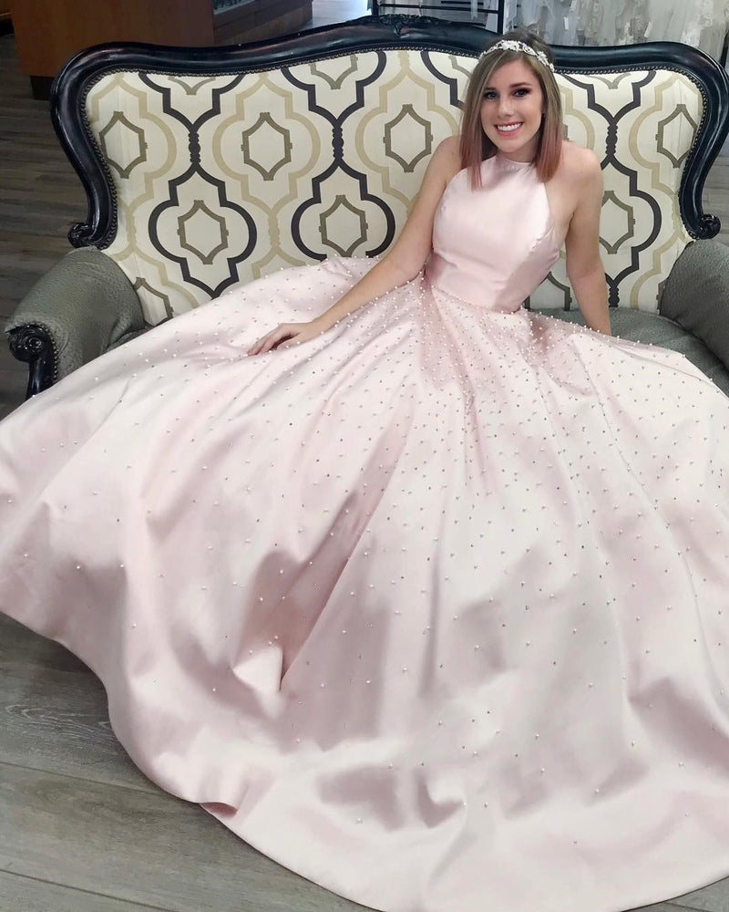 Girls Long Graduation Gown Halter yellow Prom Dress with Pearl Yellow/Pink/Blue PL8877