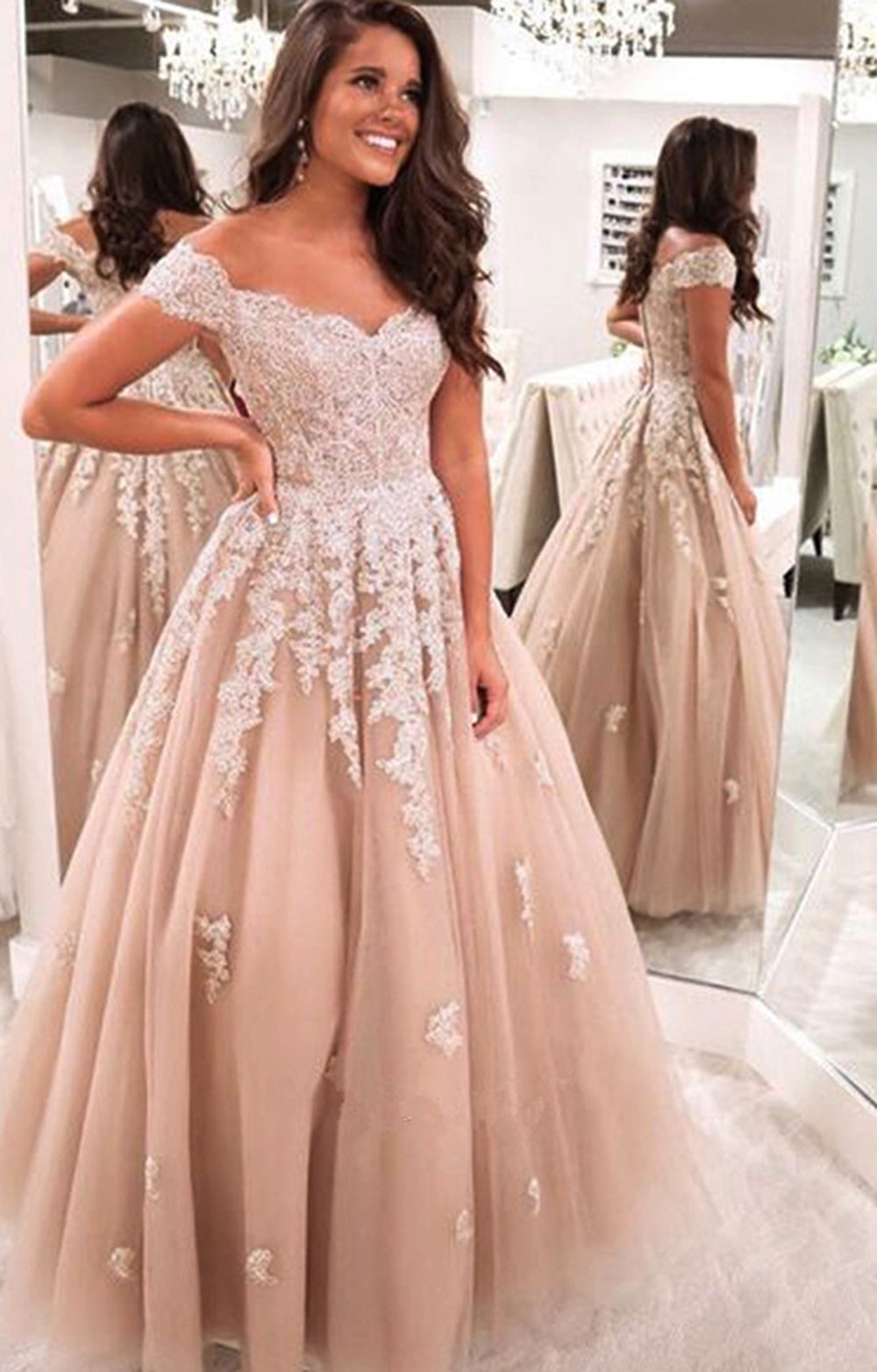 Blush Pale Pink Off Shoulder Ball Gown Lace Formal Prom Dresses Girls Siaoryne Blush Pale Pink Off Shoulder Ball Gown Lace Formal Prom Dresses Girls Siaoryne