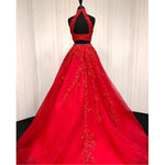 Stunning Halter Red Lace Crop Top Prom Dress Two Pieces Sexy Graduation Long Formal Gown for Girls