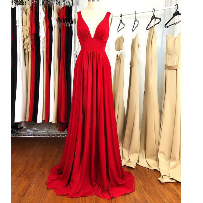 Red Elegant Pleated Chiffon Prom Dress Women Long Evening Formal Gown  LP841