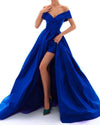 New Satin Off the Shoulder A Line Sexy High Slit Women Ball Dress for Dance Formal Prom Evening Gown for Marine Corps