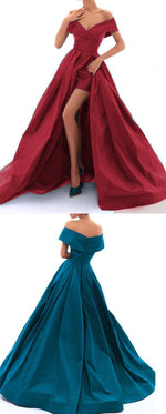 New Satin Off the Shoulder A Line Sexy High Slit Women Ball Dress for Dance Formal Prom Evening Gown for Marine Corps
