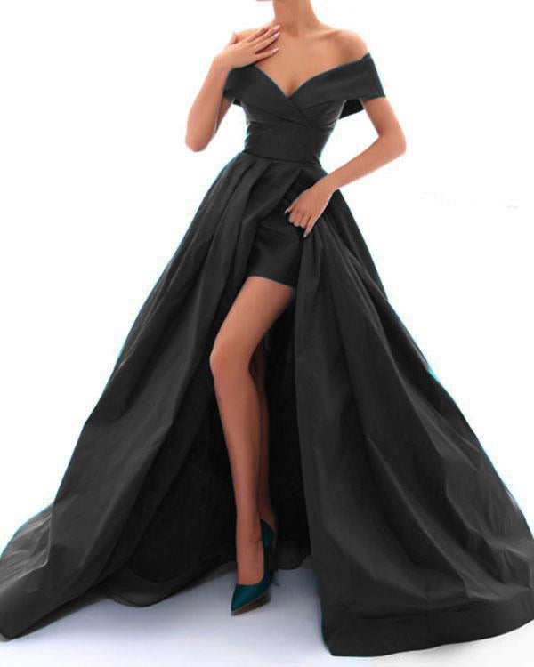 New Satin Off the Shoulder A Line Sexy High Slit Women Ball Dress for Dance Formal Prom Evening Gown for Marine Corps