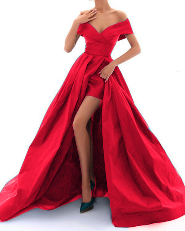 New Satin Off the Shoulder A Line Sexy High Slit Women Ball Dress for Dance Formal Prom Evening Gown for Marine Corps