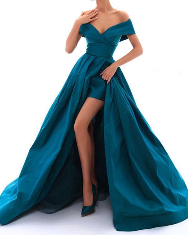 New Satin Off the Shoulder A Line Sexy High Slit Women Ball Dress for Dance Formal Prom Evening Gown for Marine Corps