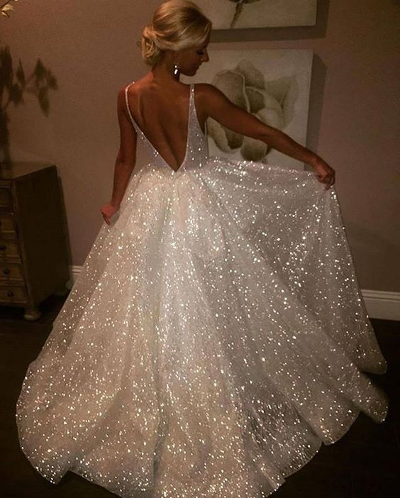 WD2101 Sparkle Sequins Bling Bling A Line Bridal Wedding Dresses V Neck Straps vestido de noiva gelinlik