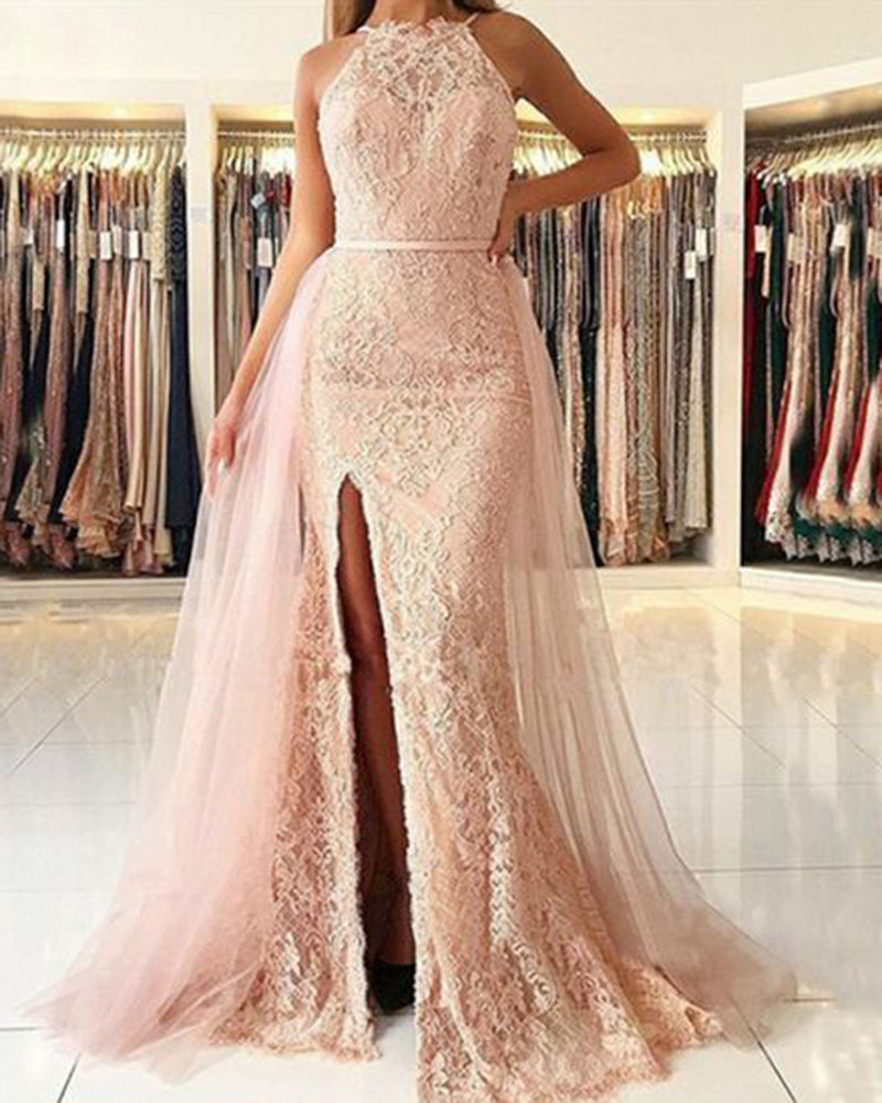 Pink Lace Mermaid Long Senior  Prom Dress for Gradation Winter Formal Gown