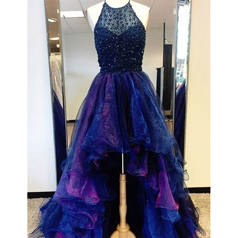 Siaoryne High Low Prom Dress Beading Blue and Fuchsia Two Tunes Evening Outfits 2022