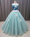 Sweetheart Tulle Formal Party Prom Ball Gown Blue Dress sweet 16 Gowns with Ivory Lace PL0621