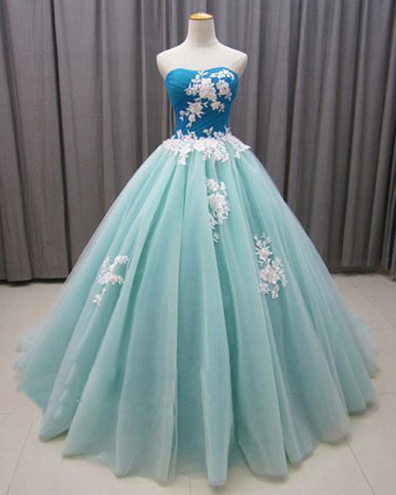Sweetheart Tulle Formal Party Prom Ball Gown Blue Dress sweet 16 Gowns with Ivory Lace PL0621
