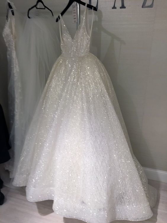 WD2101 Sparkle Sequins Bling Bling A Line Bridal Wedding Dresses V Neck Straps vestido de noiva gelinlik