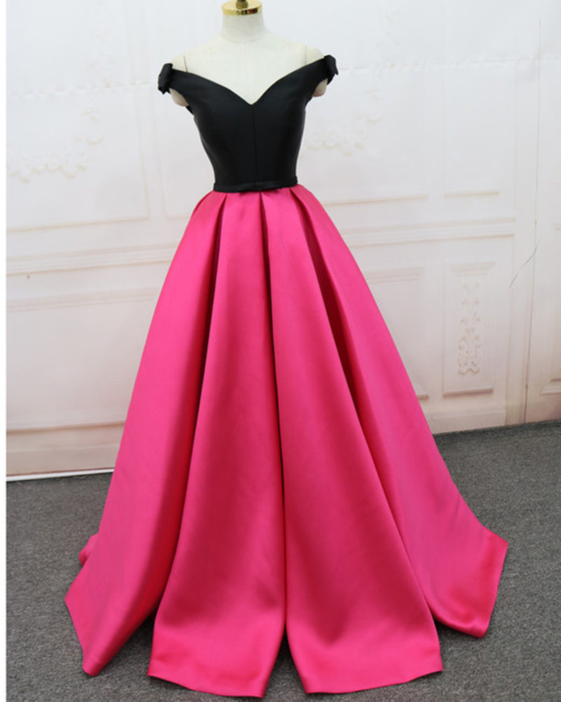 Fashion Two Tune Bright Pink/Black satin A Line Formal Prom Dresses Long 2022 vestidos de fiesta