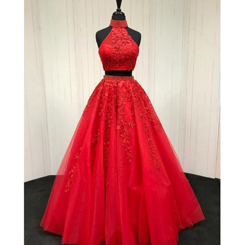 Stunning Halter Red Lace Crop Top Prom Dress Two Pieces Sexy Graduatio
