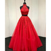 Stunning Halter Red Lace Crop Top Prom Dress Two Pieces Sexy Graduation Long Formal Gown for Girls