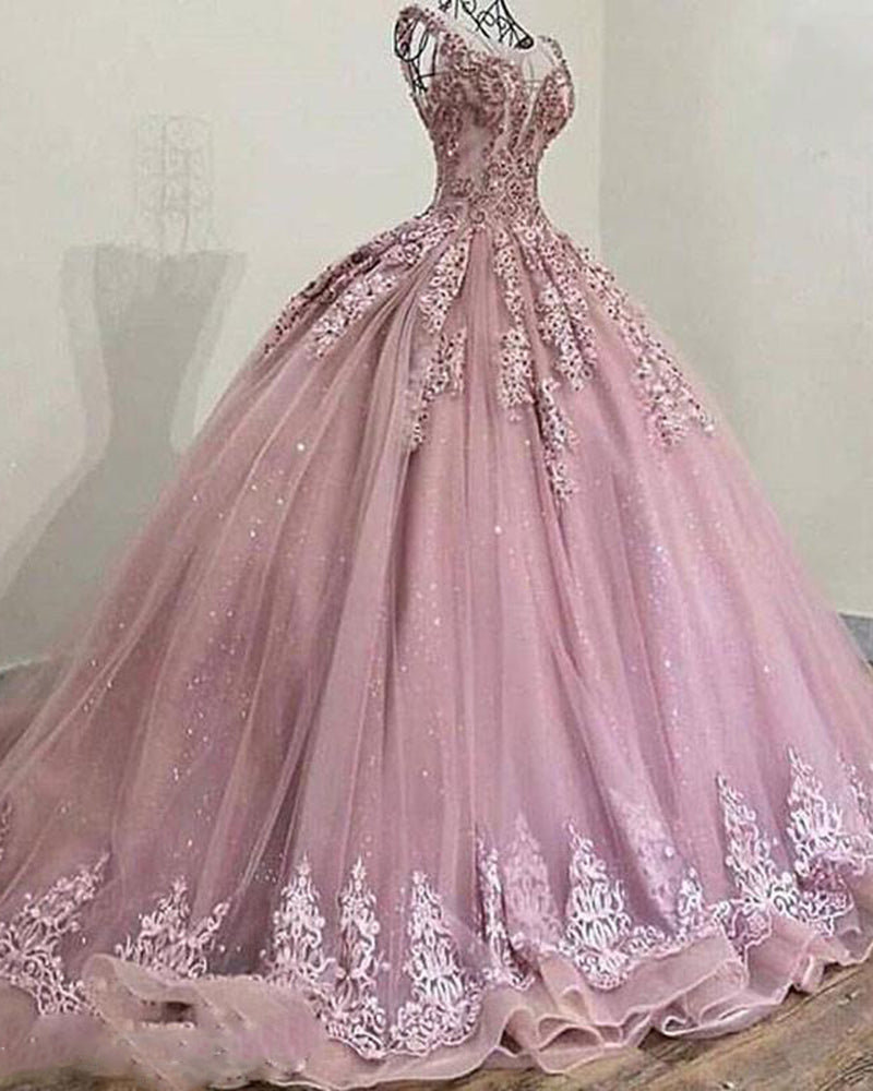 Vestido de novia de fiesta de tul con escote redondo y lentejuelas brillantes de Priceless, de color rosa malva y encaje, vestido formal para baile de máscaras PL10302 