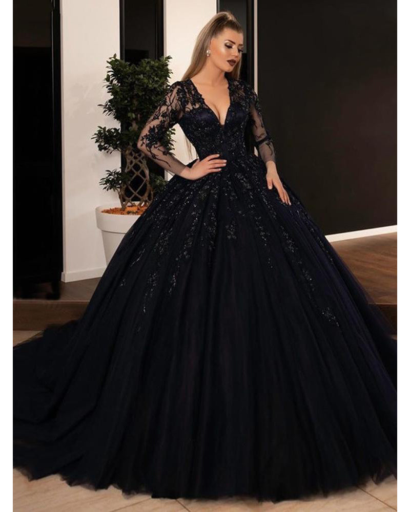 Hermoso vestido de fiesta negro, vestidos de novia de manga larga con apliques de encaje y lentejuelas, vestidos de novia góticos, vestido de fiesta de princesa en talla grande WD11192