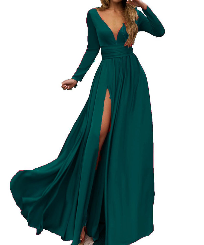Olive Green Prom dress Long Sexy Deep V Neck evening Party Dress slit Leg  LP2208