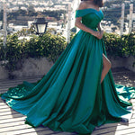 LP1258 Elegant Multi Color Long Evening Dress with Slit,Off the Shoulder Satin A Line Prom Dress 2018